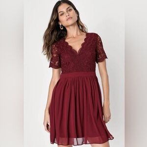 Lulus Angel in Disguise Burgundy Lace Fit & Flare Dress NWT Small
